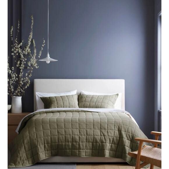 Quince Organic Luxury Airy Gauze Box Quilt Green Queen Olive NWOT - Picture 3 of 5